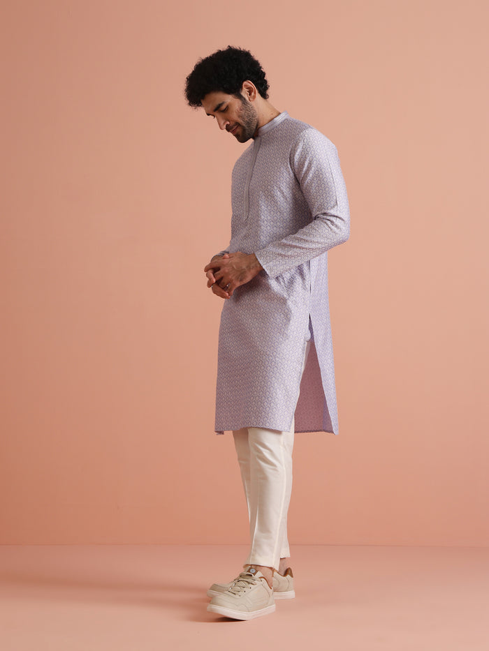 Lilac Jacquard Kurta with Cream Trouser Set