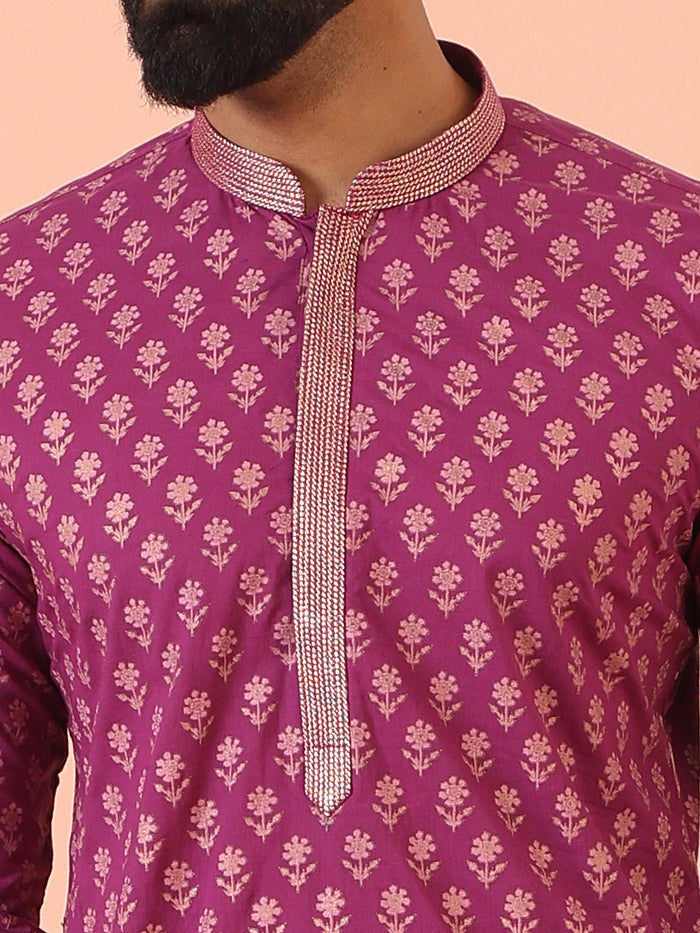 Magenta Kurta with Golden Motif Print and Contrast Placket