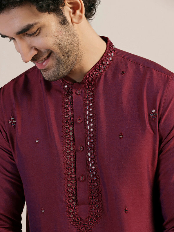 Maroon Embroidered Silk Blend Kurta