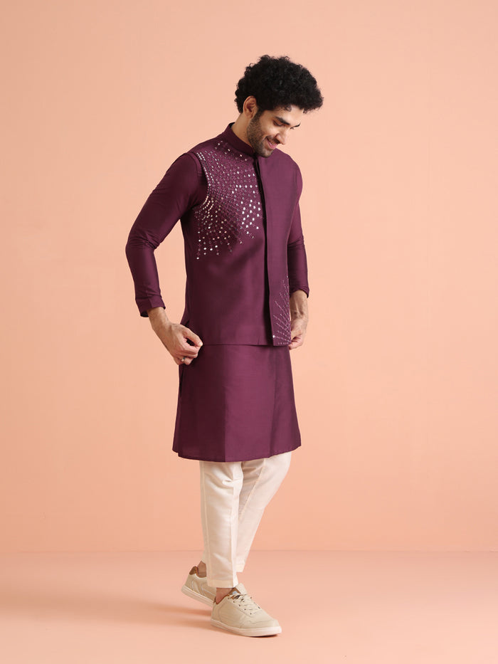 Maroon Mirror Work Jacket Kurta Trouser Set