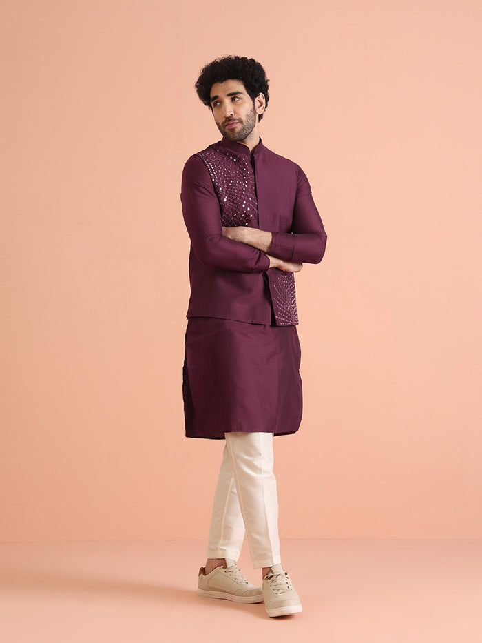 Maroon Mirror Work Jacket Kurta Trouser Set