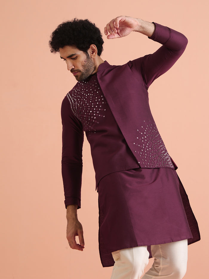 Maroon Mirror Work Jacket Kurta Trouser Set