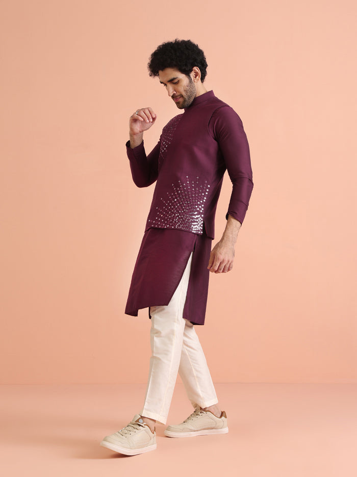 Maroon Mirror Work Jacket Kurta Trouser Set