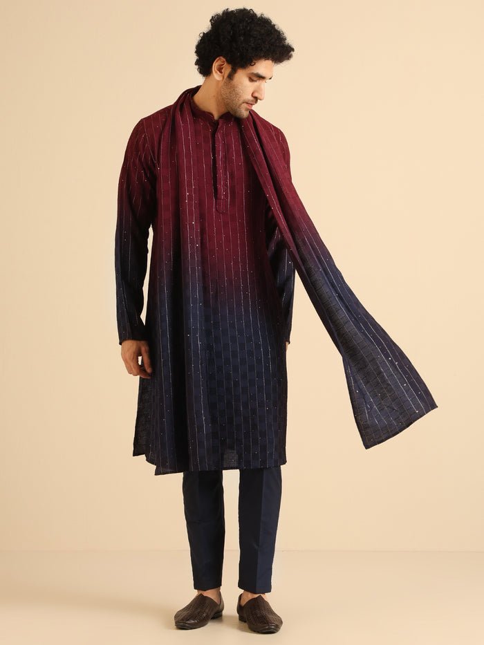 Maroon Navy Ombre Silk Kurta Trouser Dupatta