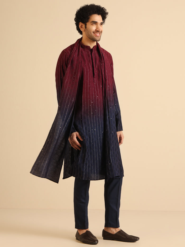 Maroon Navy Ombre Silk Kurta Trouser Dupatta