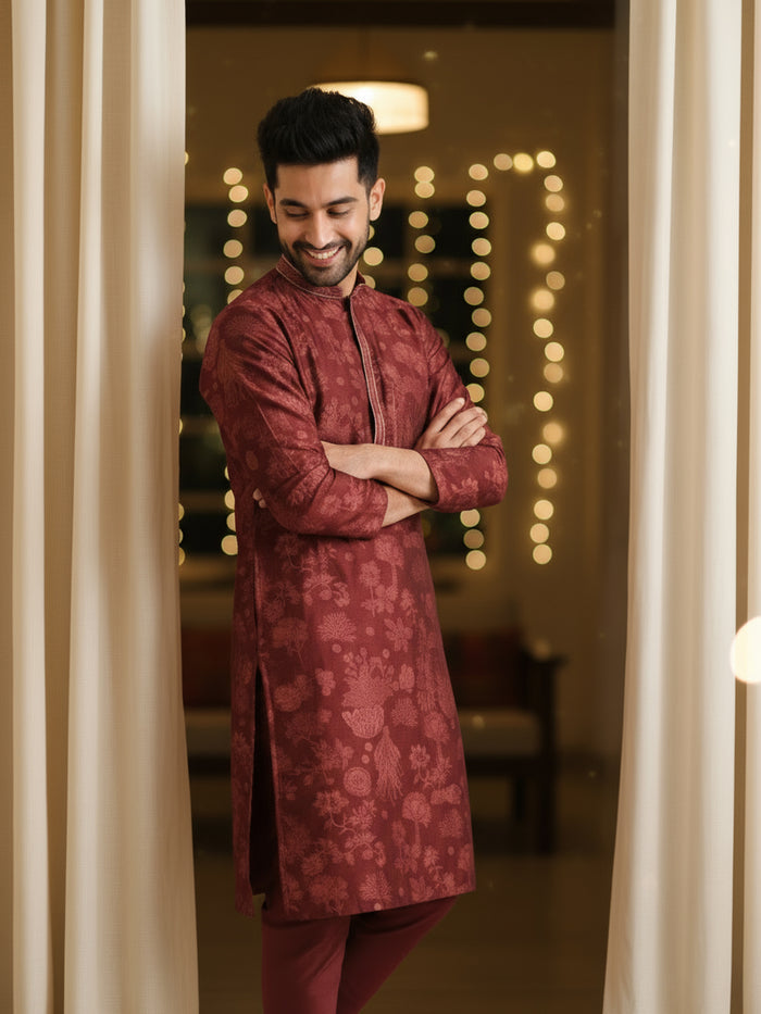 Maroon Printed Kurta with Maroon Churidar