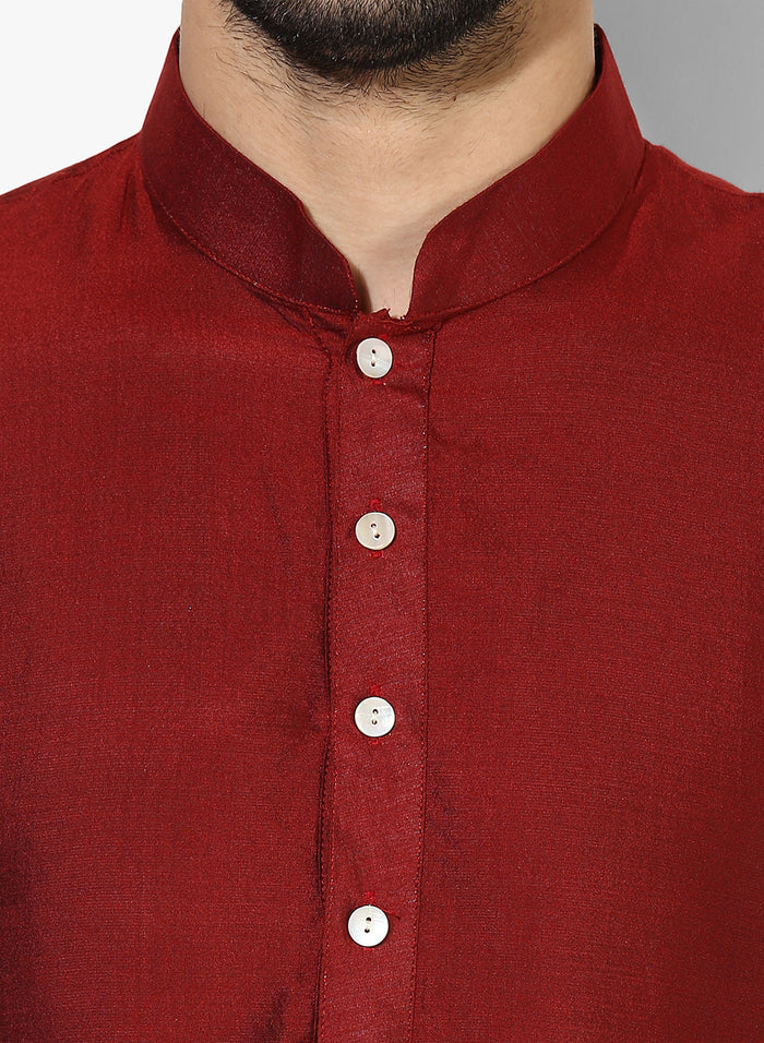 Maroon Silk Blend Solid Long Kurta