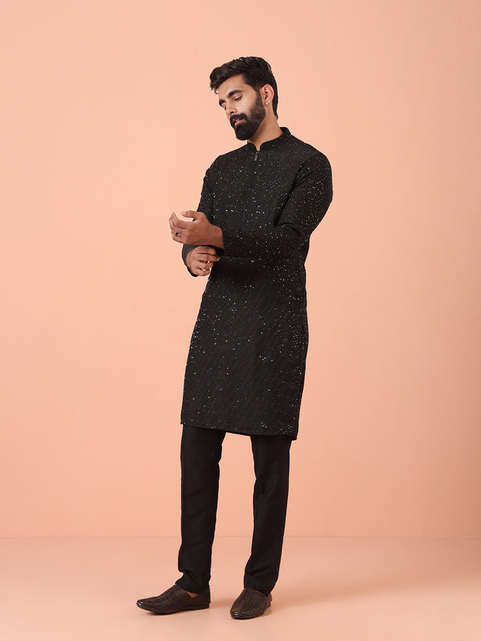 Men Black Embellished Kurta Trouser Set