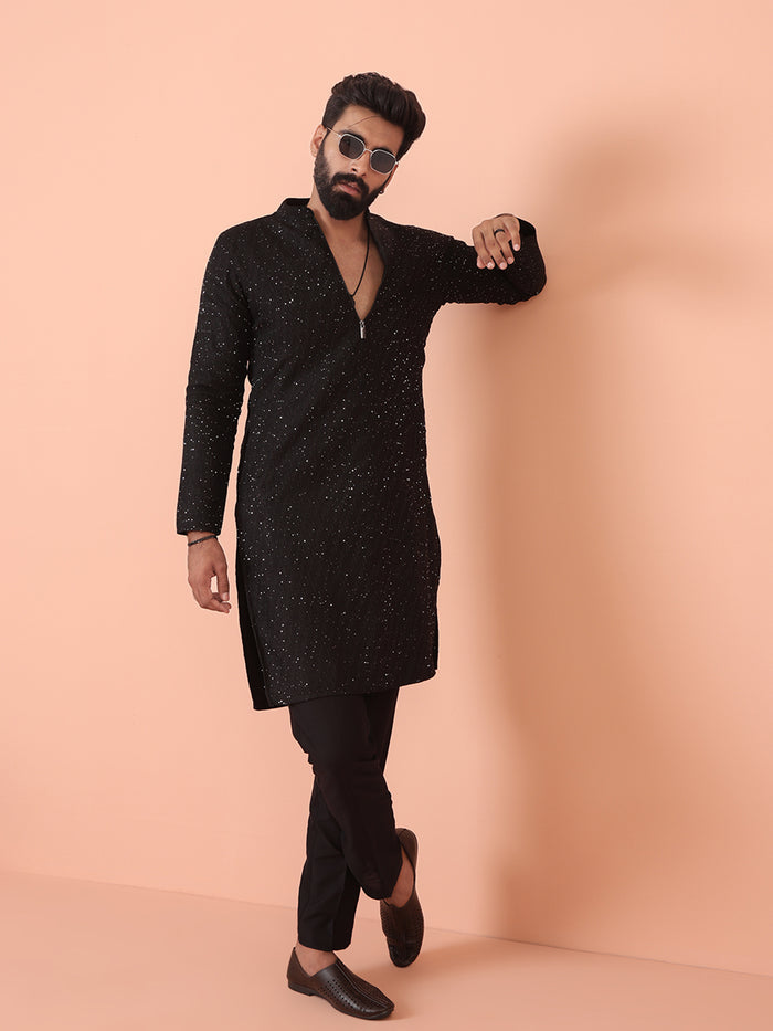 Men Black Embellished Kurta Trouser Set