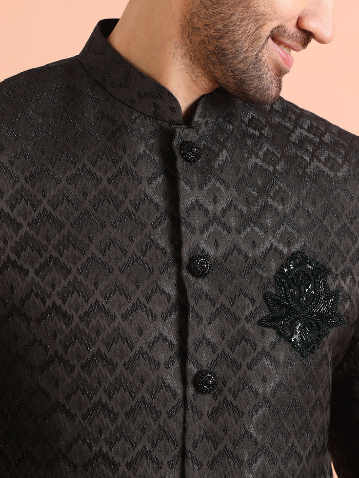 Men Black Self Design Indowestern Trousers Set