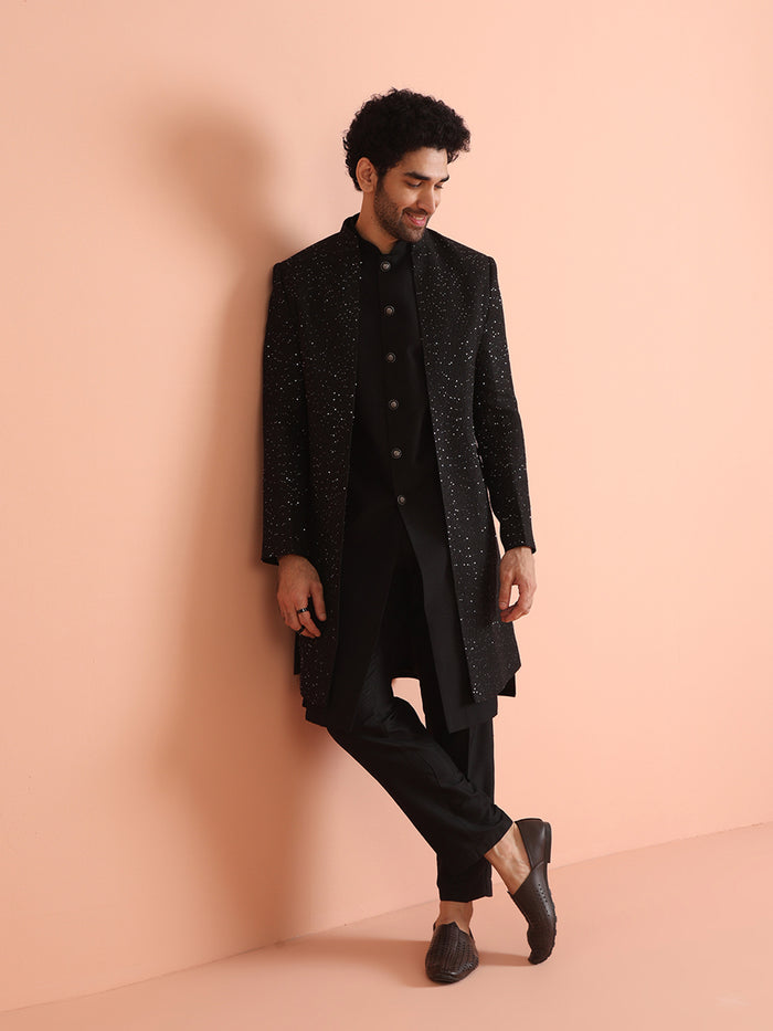 Men Black Sequinned Long Jacket Indo Western Trouser Set