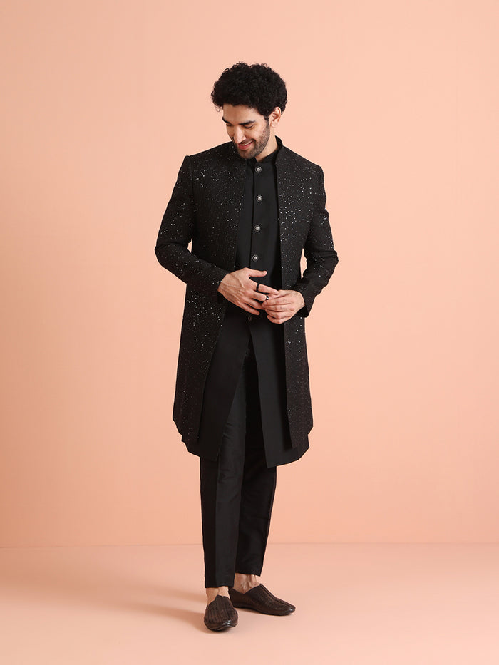 Men Black Sequinned Long Jacket Indo Western Trouser Set