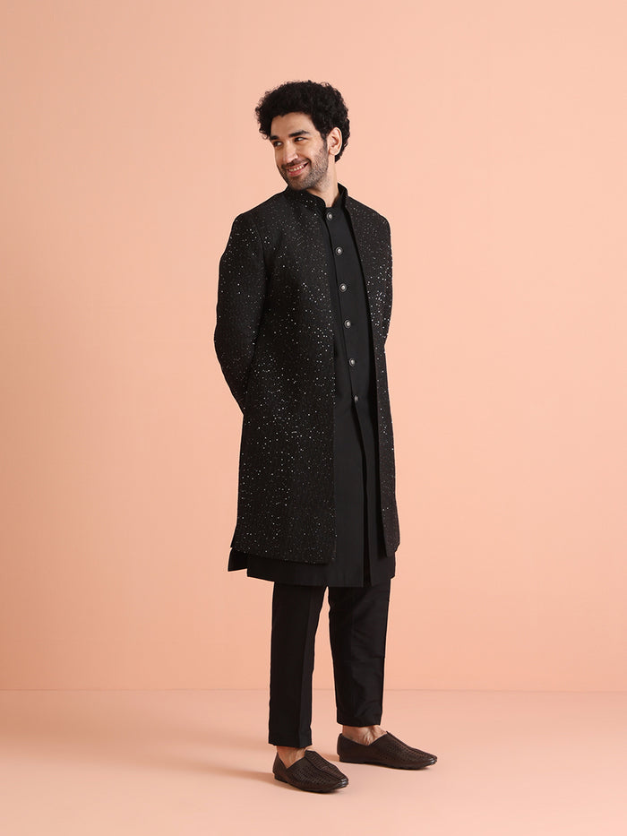 Men Black Sequinned Long Jacket Indo Western Trouser Set