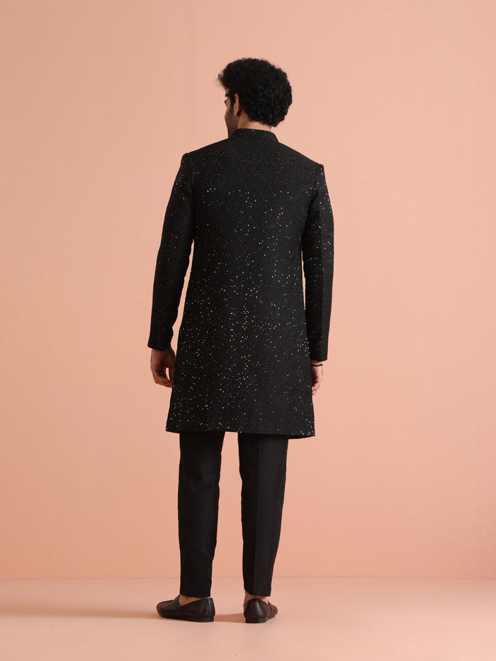 Men Black Sequinned Long Jacket Indo Western Trouser Set
