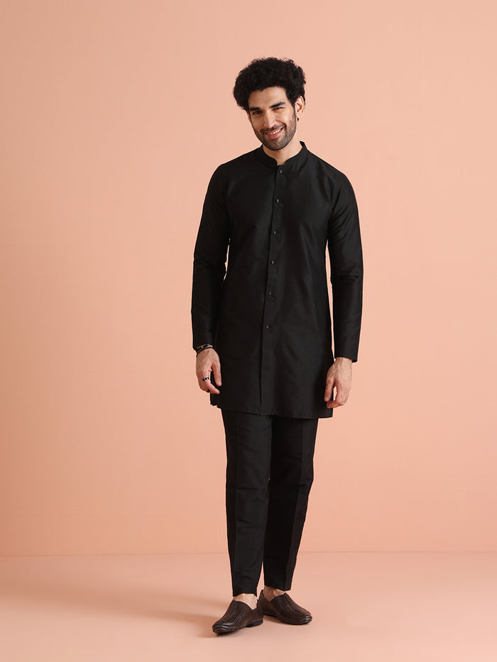 Men Black Slim Fit Solid Kurta Trousers Set
