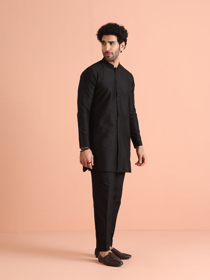 Men Black Slim Fit Solid Kurta Trousers Set