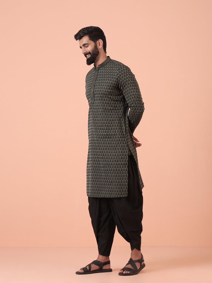 Men Black Woven Design Kurta Dhoti Pants Set
