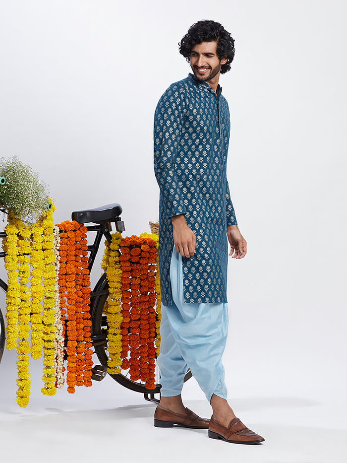 Men Blue Floral Kurta