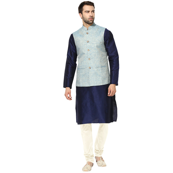 Men Blue Kurta Jacket Churidar Set