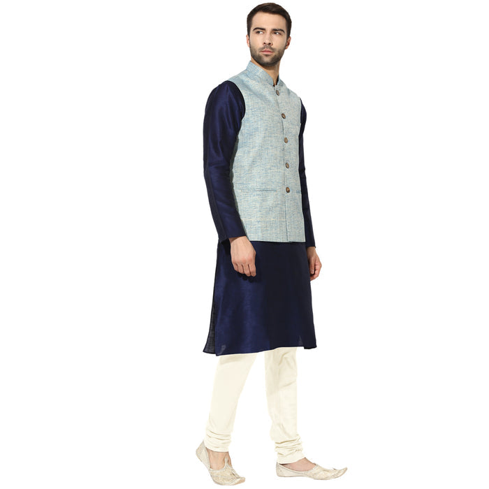 Men Blue Kurta Jacket Churidar Set