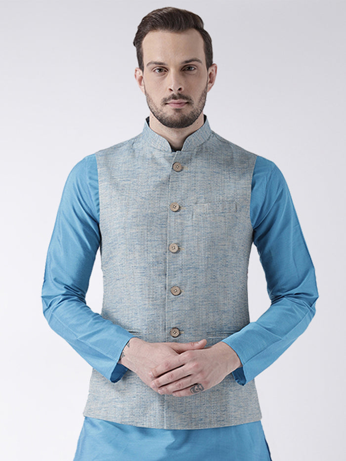 Men Blue Solid Nehru Jacket