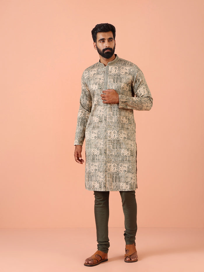 Men Green Abstract Kurta Churidar Set