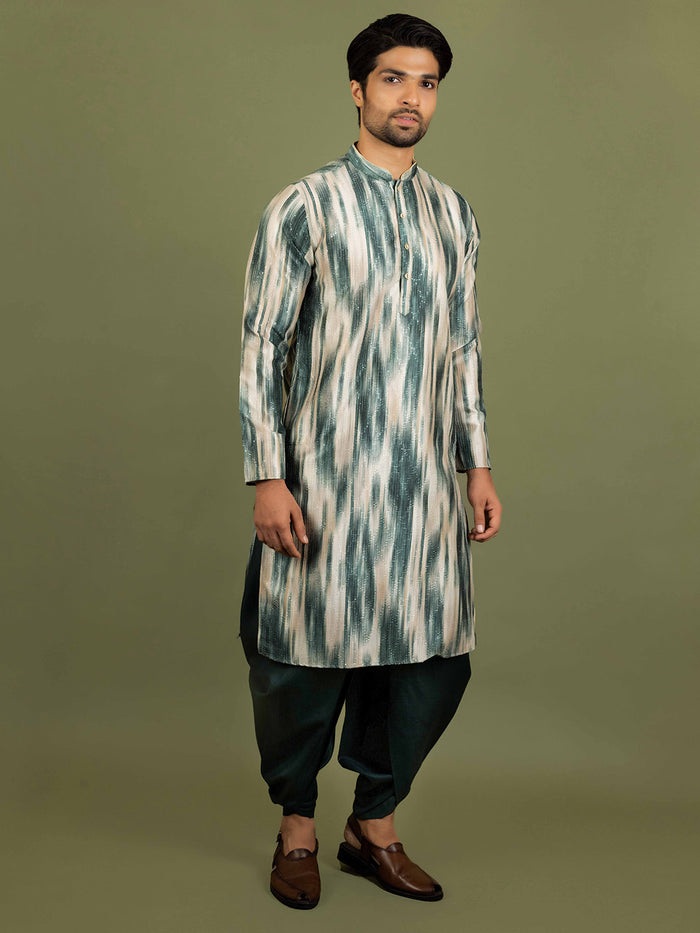 Men Green Abstract Kurta