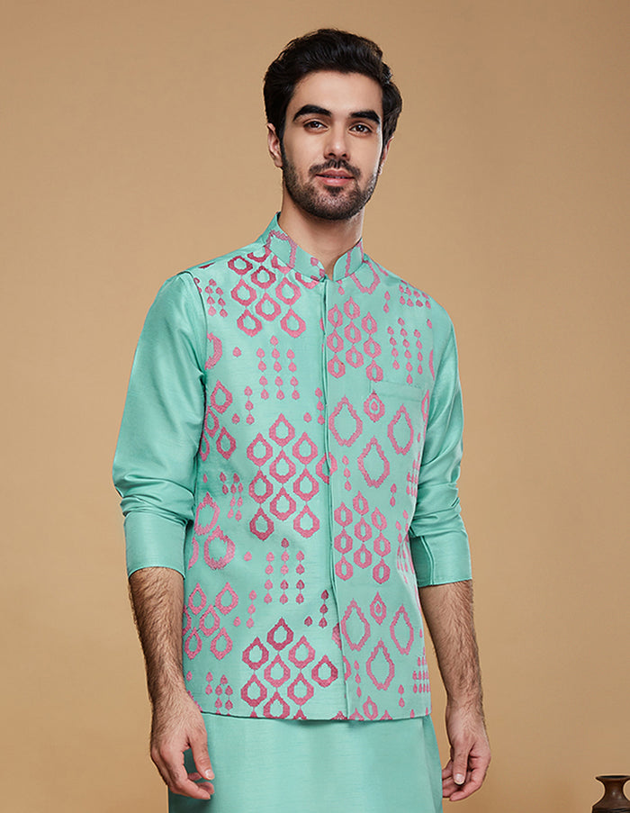 Men Green Embroidered Nehru Jacket