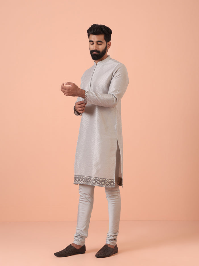 Men Grey Self Design Kurta Churidar Set