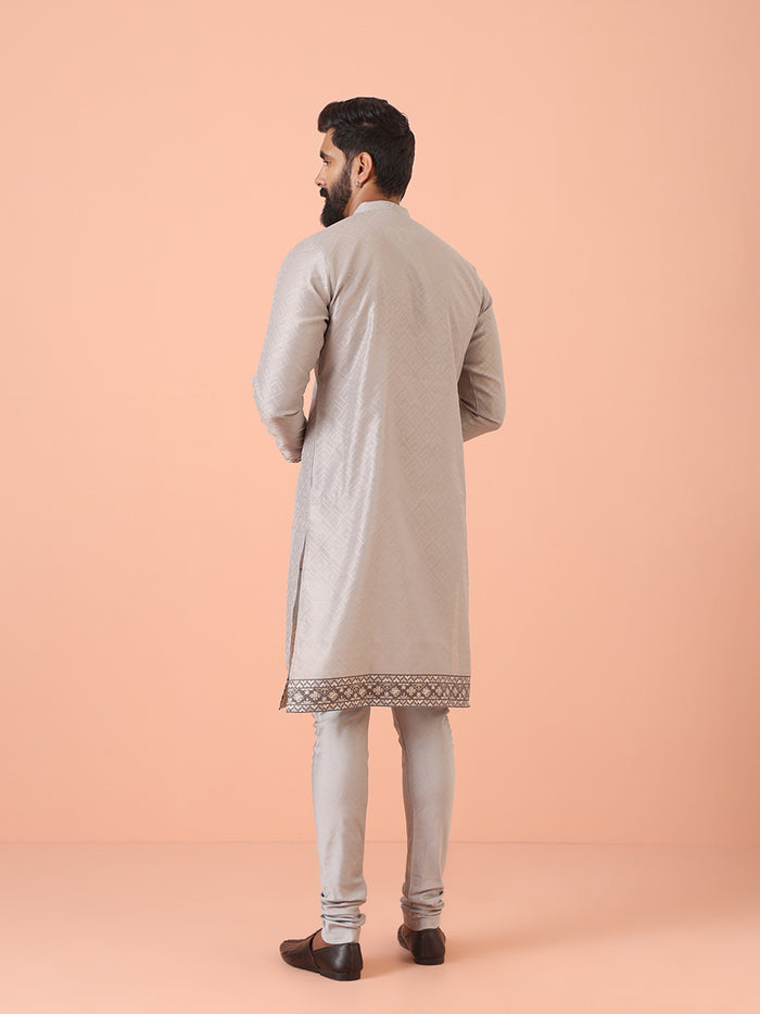 Men Grey Self Design Kurta Churidar Set