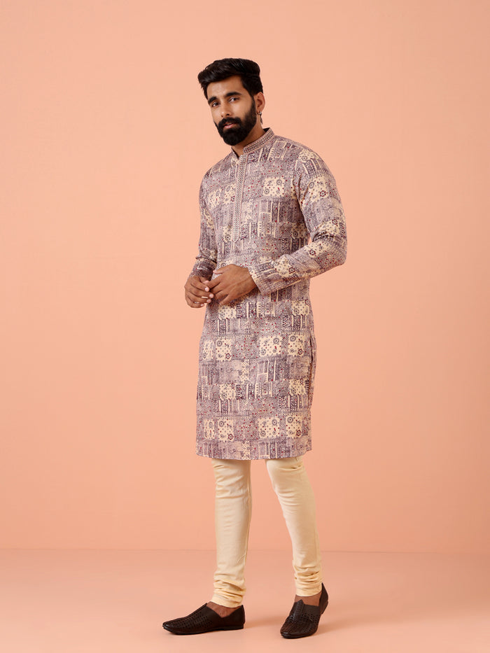 Men Magenta Printed Kurta Churidar Set