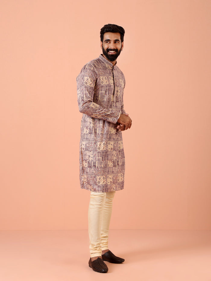 Men Magenta Printed Kurta Churidar Set