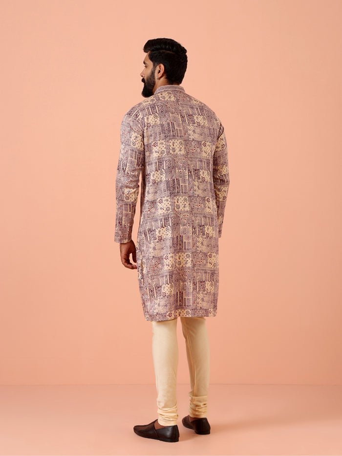 Men Magenta Printed Kurta Churidar Set