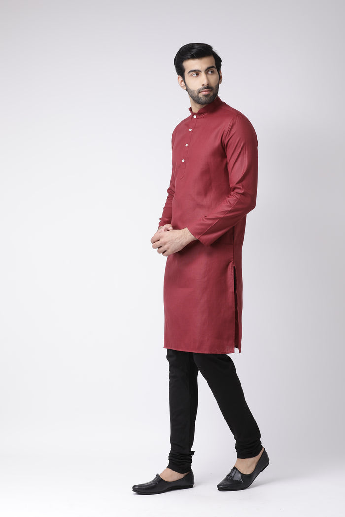 Men Maroon Solid Dyed Kurta Churidar Set