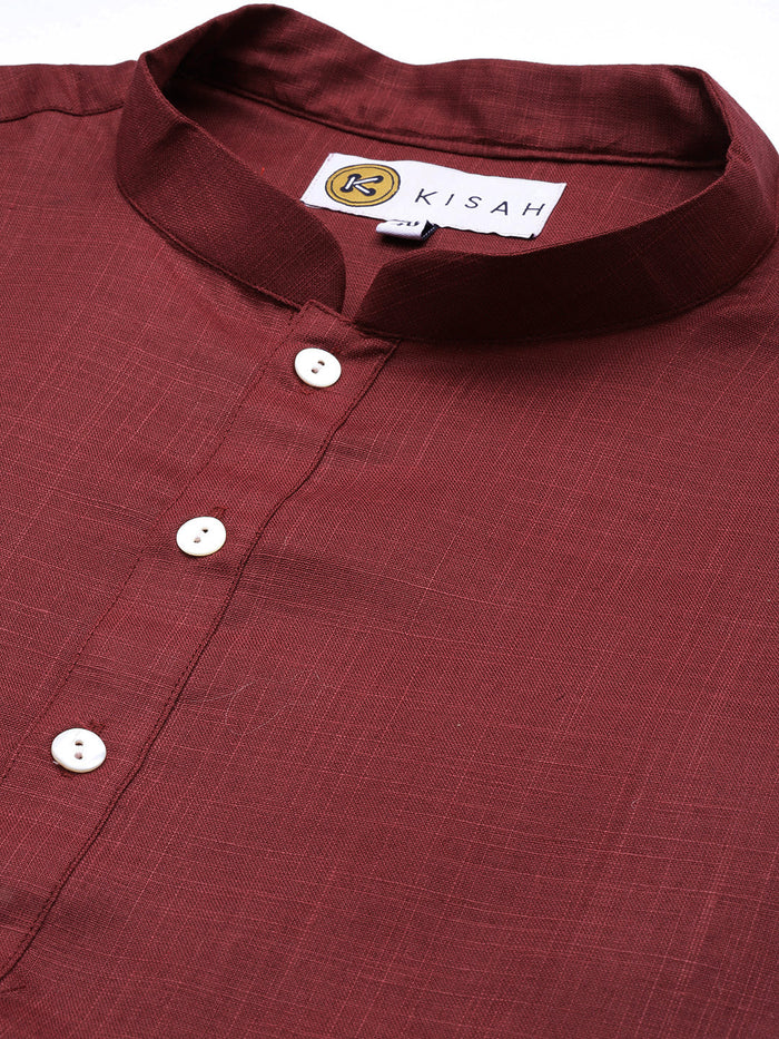 Men Maroon Solid Dyed Kurta Churidar Set