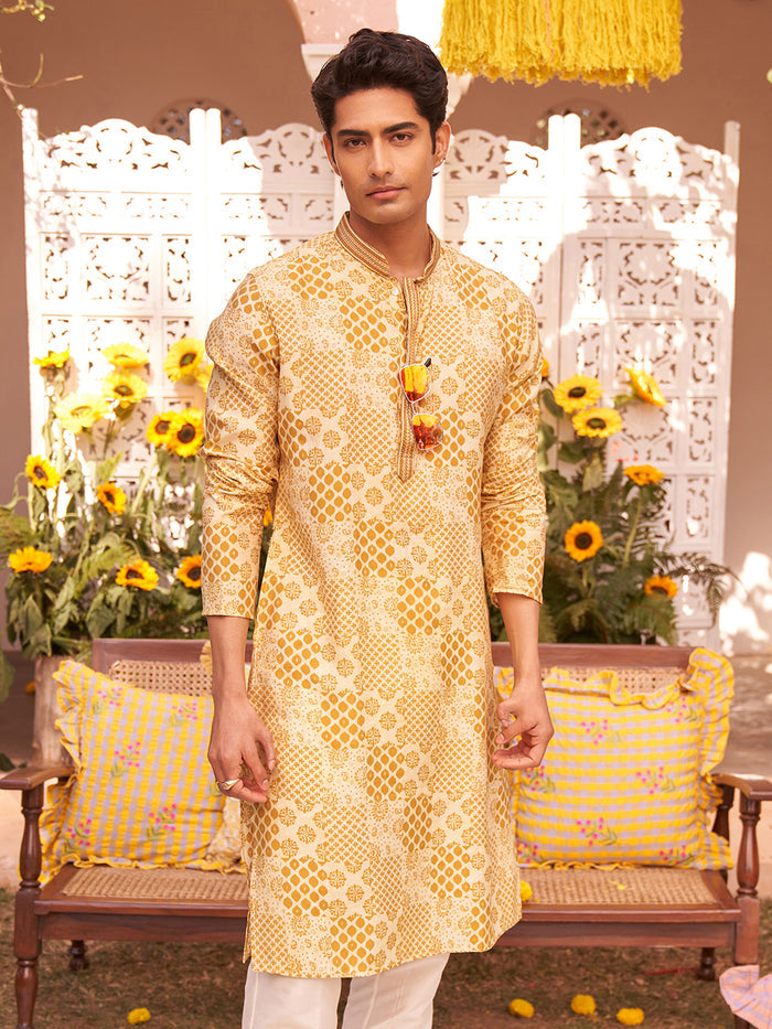Men Mustard Ethnic Motifs Kurta