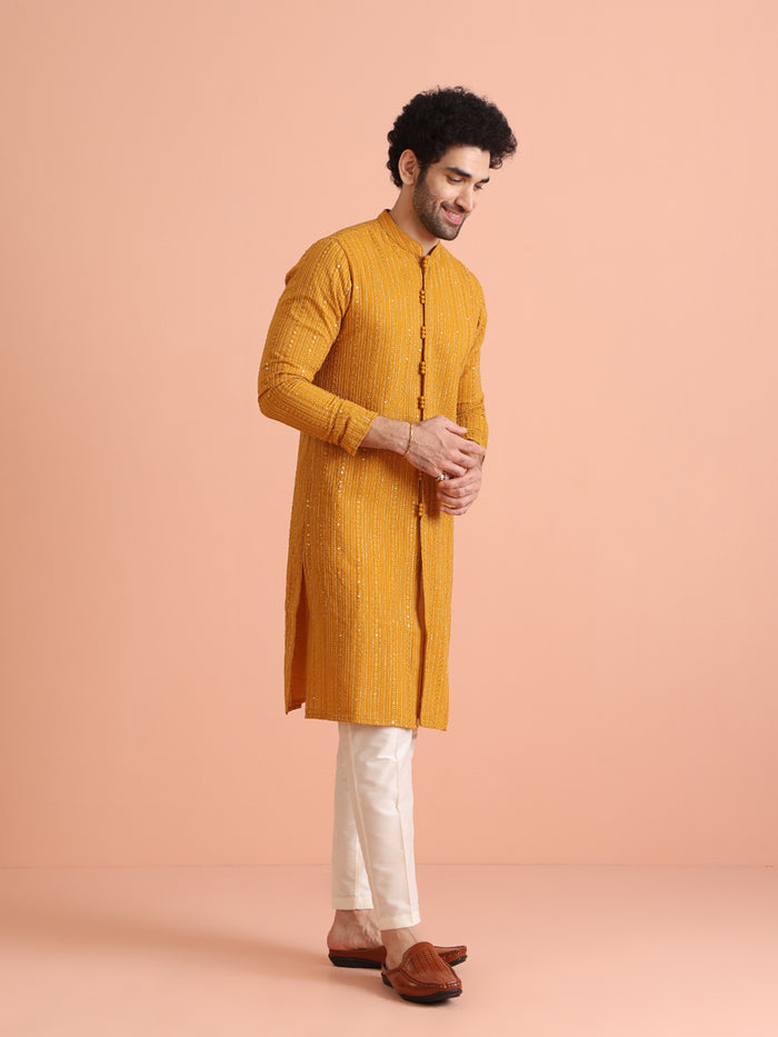 Men Mustard Sequinned Kurta Trouser Set