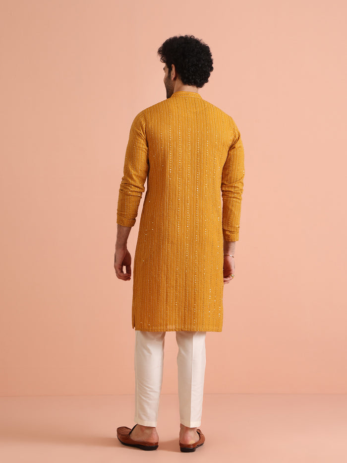 Men Mustard Sequinned Kurta Trouser Set