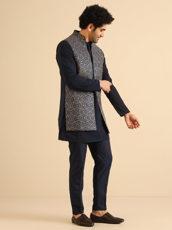 Men Navy Blue Kurta Jacket Trouser Set