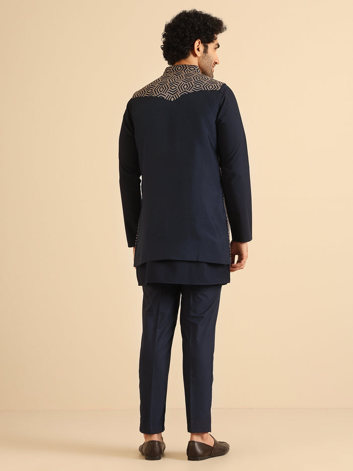 Men Navy Blue Kurta Jacket Trouser Set