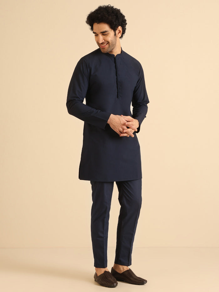 Men Navy Blue Kurta Jacket Trouser Set