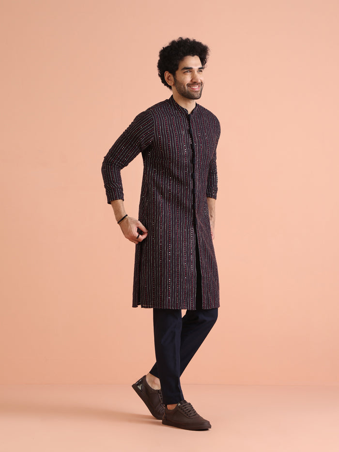 Men Navy Blue Sequinned Kurta Trouser Set