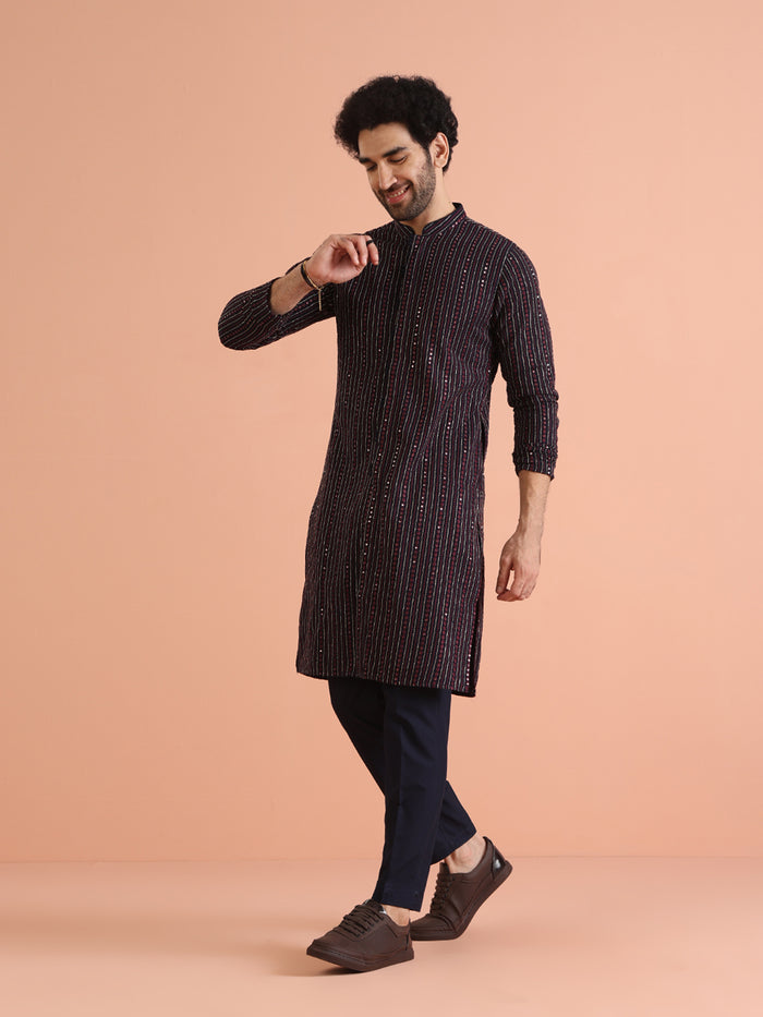 Men Navy Blue Sequinned Kurta Trouser Set