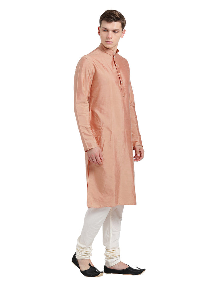 Men Peach Silk Blend Solid Kurta Churidar Set â€“ Elegant Classic Festive Wear