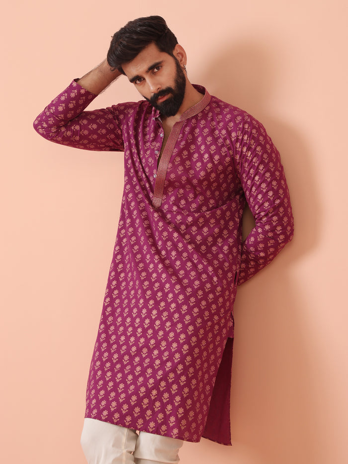Men Pink Printed Kurta Churidar Set