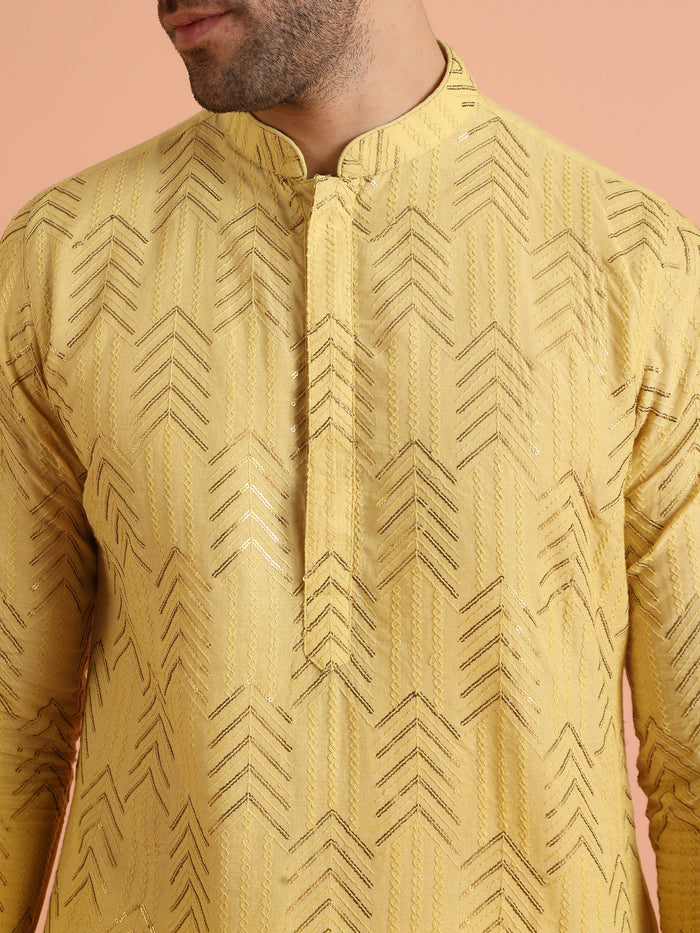 Men Yellow Embroidered Sequinned Kurta Trouser Set