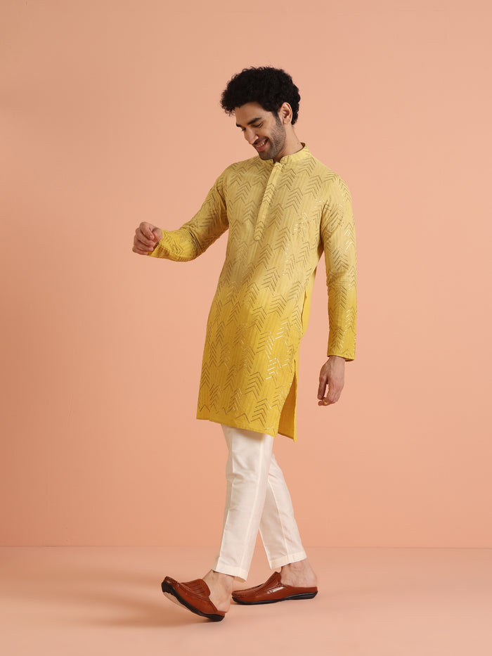 Men Yellow Embroidered Sequinned Kurta Trouser Set
