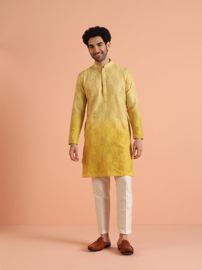 Men Yellow Embroidered Sequinned Kurta Trouser Set