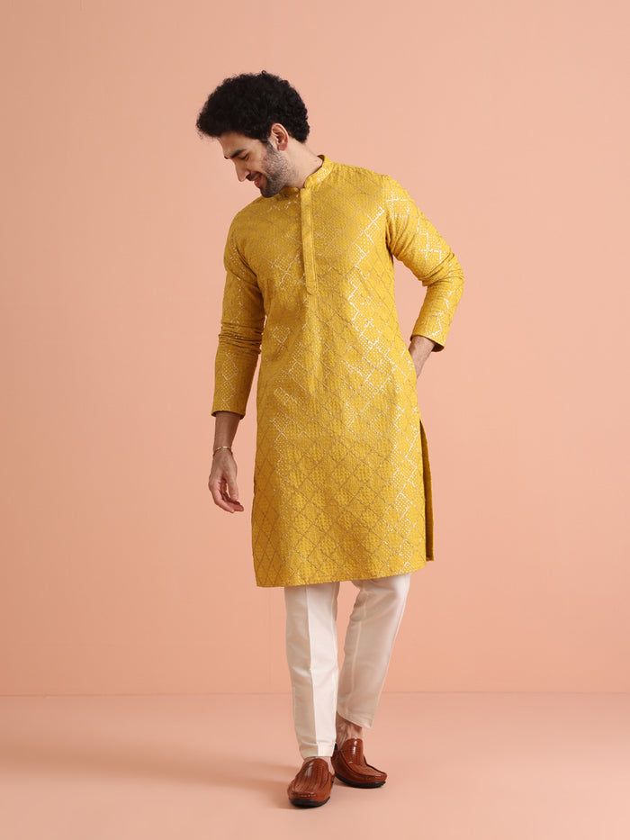 Men Yellow Sequinned Kurta Trouser Set