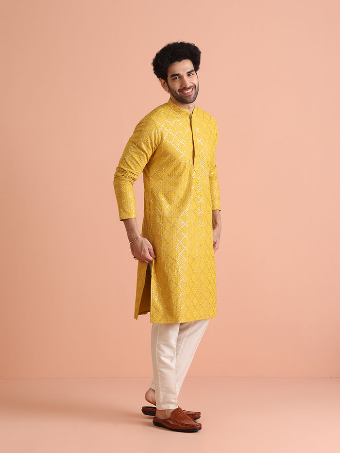 Men Yellow Sequinned Kurta Trouser Set